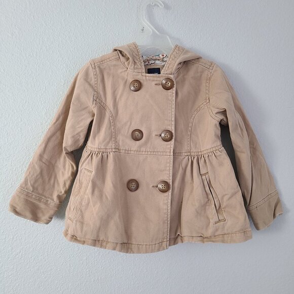 Baby Gap Toddler Girls Tan Hooded Peacoat Jacket with Floral Lining Size 5 - Picture 3 of 14
